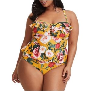 FLORAL PRINT RUFFLED PEPLUM ONE-PIECE SWIMSUIT